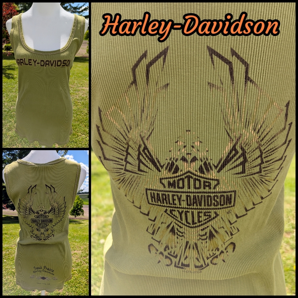 Harley-Davidson, Olive Green, Ribbed Tank Top, Shimmering Gold Accents, Sz. L/12